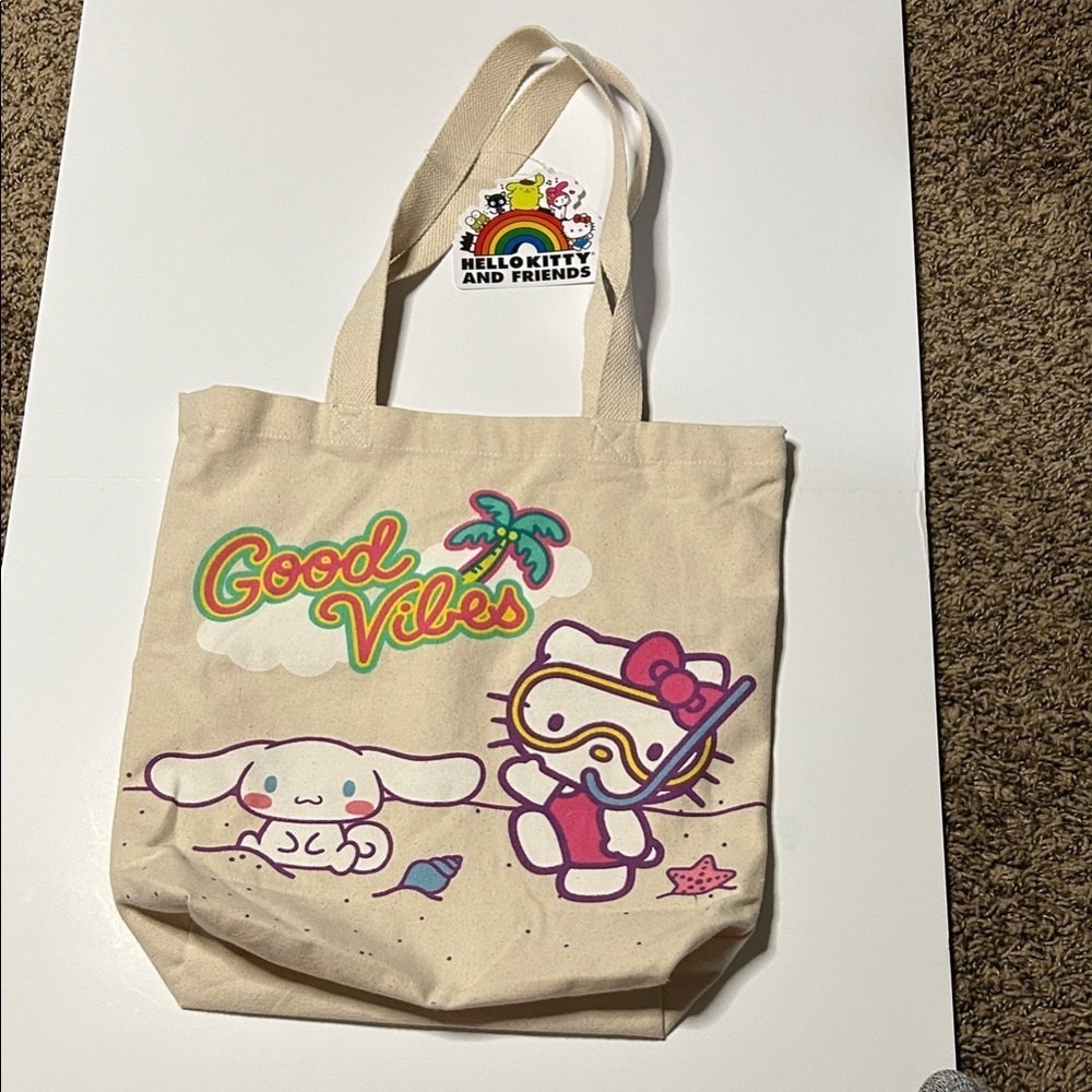 Hello Kitty Natural Canvas Tote Bag -Good Vibes NWT